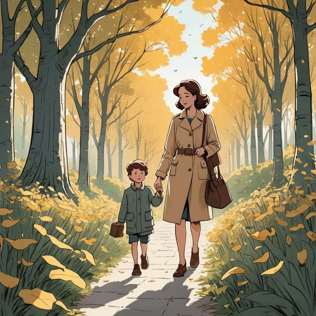 a woman and a child walking down a path in a forest with trees and leaves on both sides of the path, les automatistes, a storybook illustration, Atey Ghailan, graphic novel