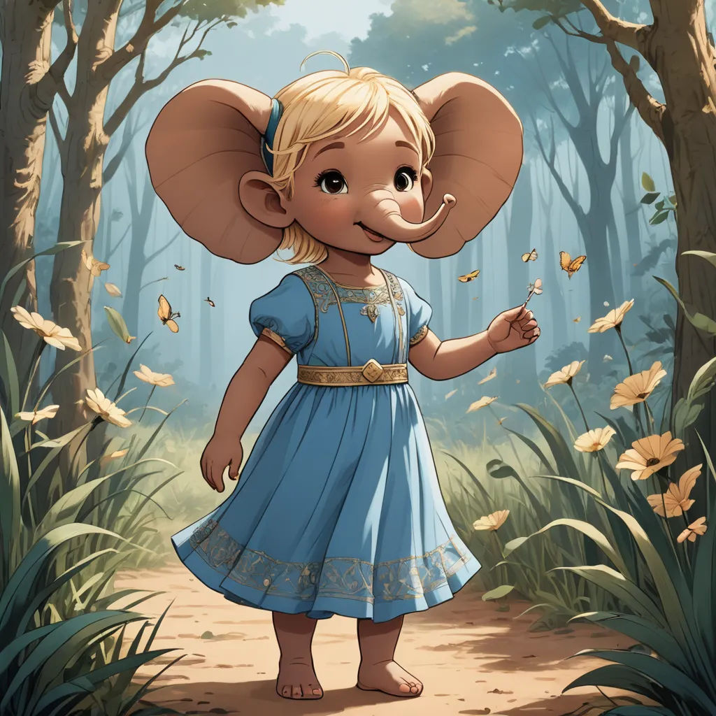 a little girl in a blue dress standing in a forest with an elephant on her head and a butterfly in her hand, fantasy art, a storybook illustration, Chris LaBrooy, official art
