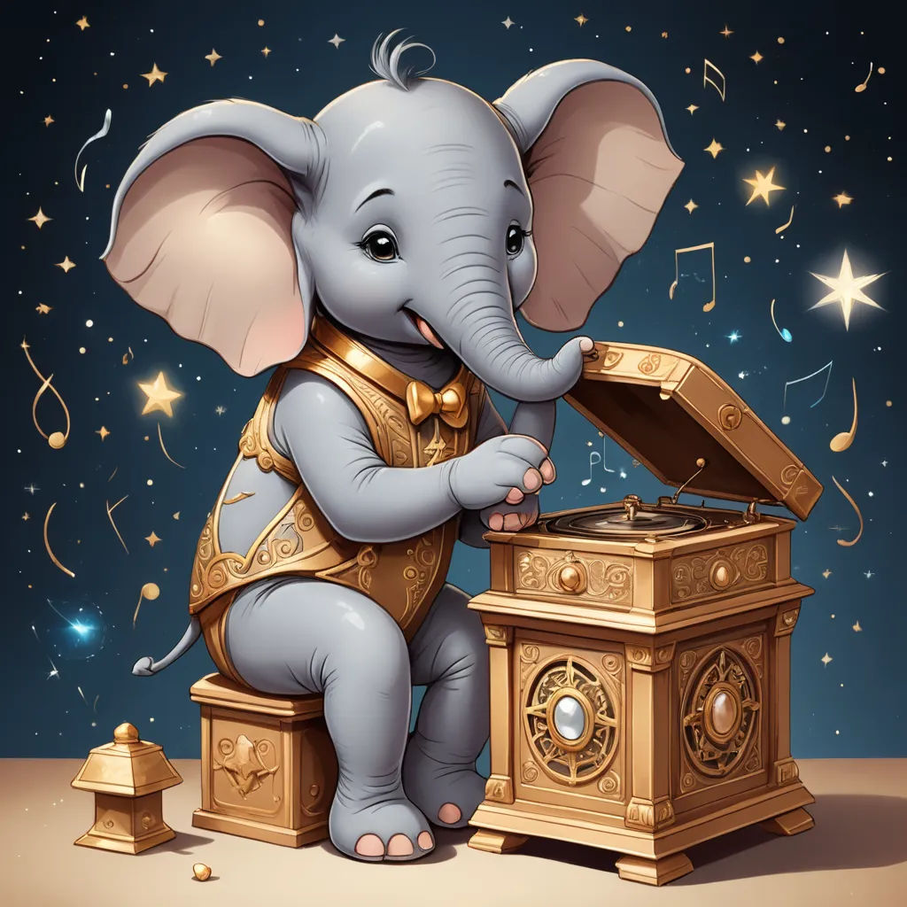 a small elephant sitting on top of a wooden box with music notes coming out of it's trunk, fantasy art, a storybook illustration, Chris LaBrooy, highly detailed digital painting