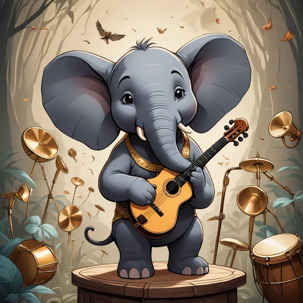 a cartoon elephant playing a guitar in a forest with a bat and a tree behind it, with a bat flying overhead, fantasy art, a storybook illustration, Chris LaBrooy, highly detailed digital painting
