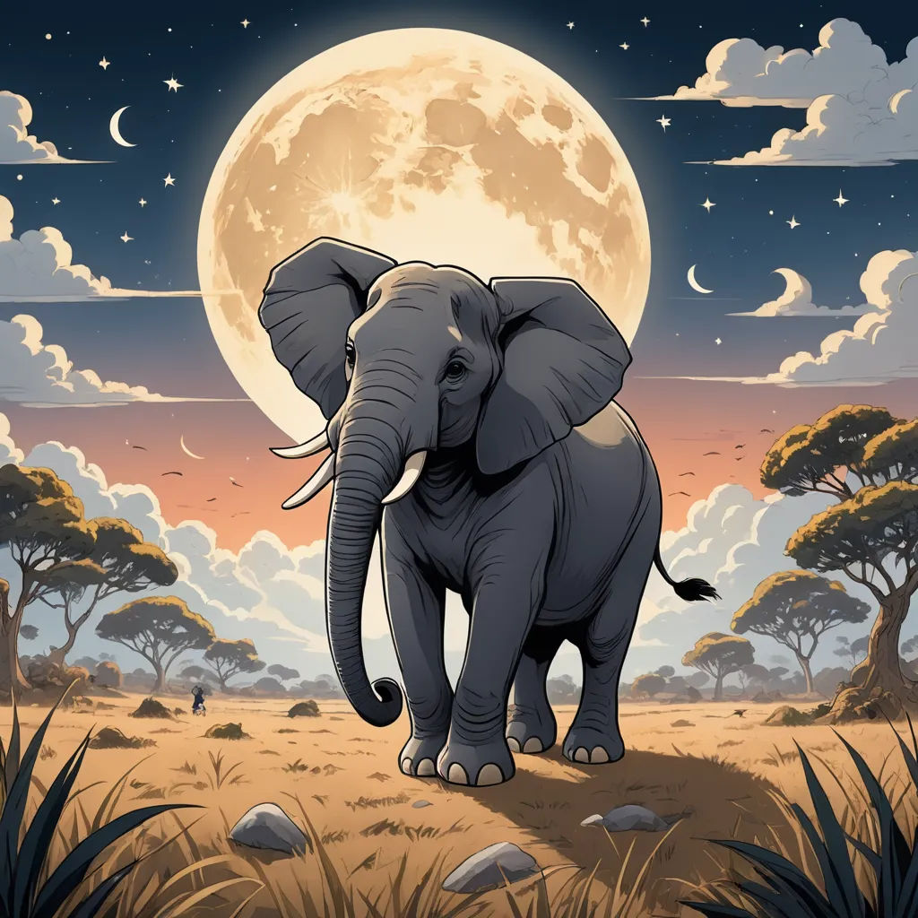 an elephant standing in a field with a full moon in the background and trees in the foreground, with a sky full of clouds and stars, pop surrealism, a storybook illustration, Chris LaBrooy, detailed illustration