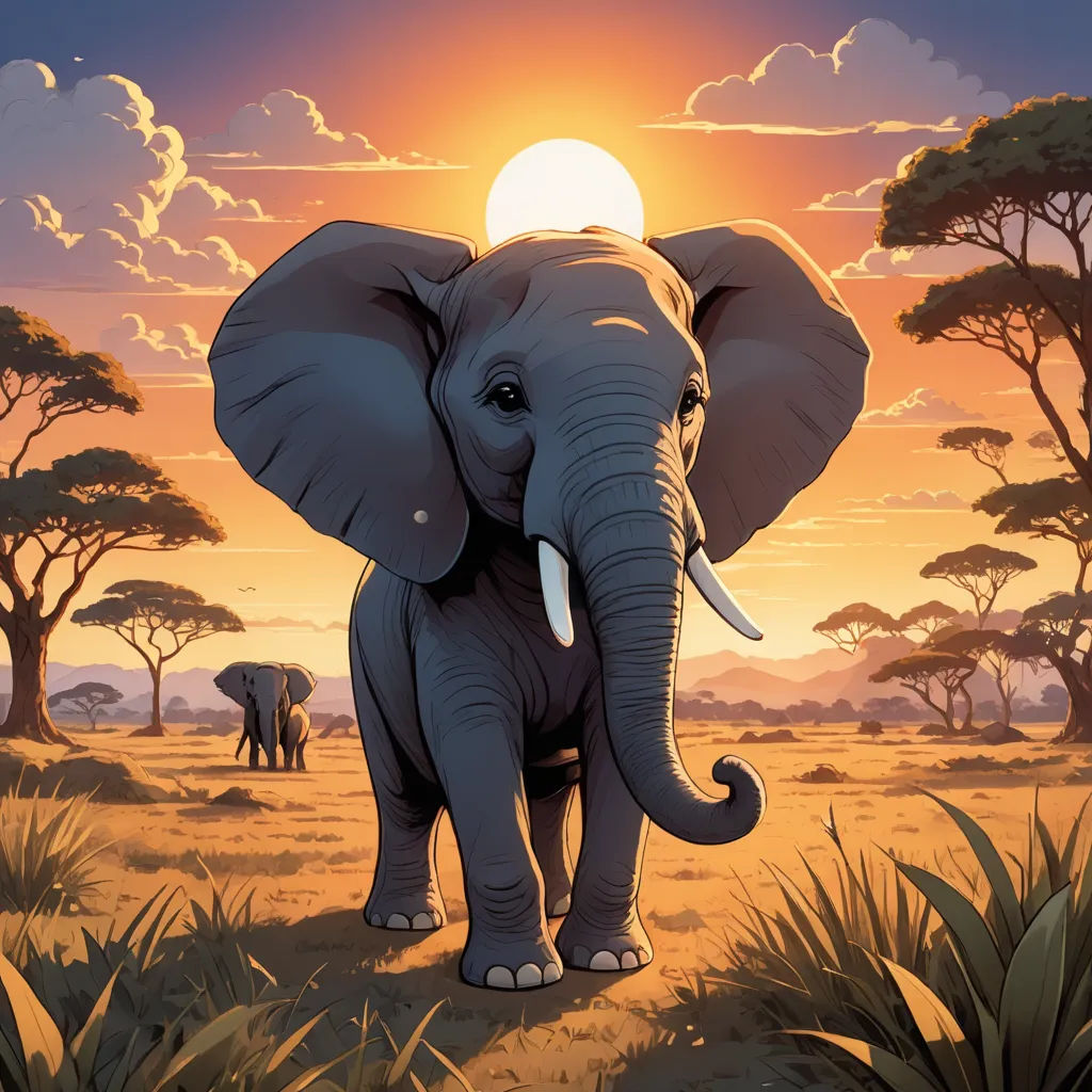 a painting of an elephant in the wild at sunset with other elephants in the background and a sun setting, sumatraism, an airbrush painting, Chris LaBrooy, sun