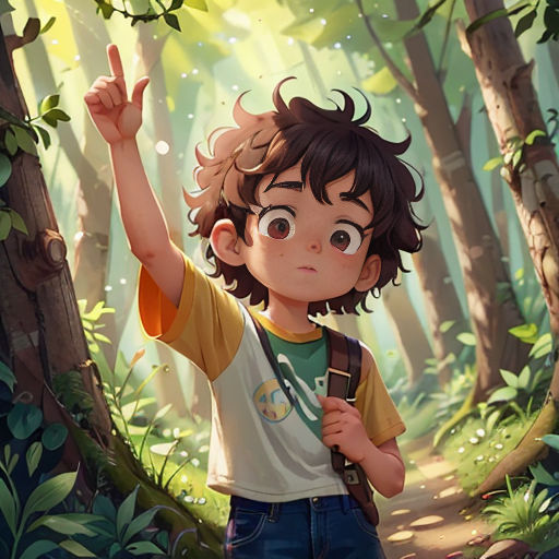 a boy is standing in the woods pointing to something with his hand and a hand up in the air