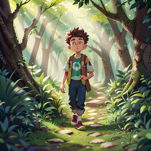 a boy walking through a forest with a backpack on his back and a backpack on his shoulder, in front of a path