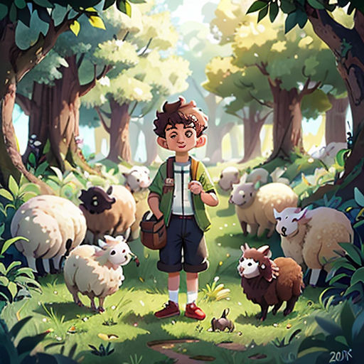 a boy standing in the middle of a forest with sheep and a dog in front of him, with a forest background