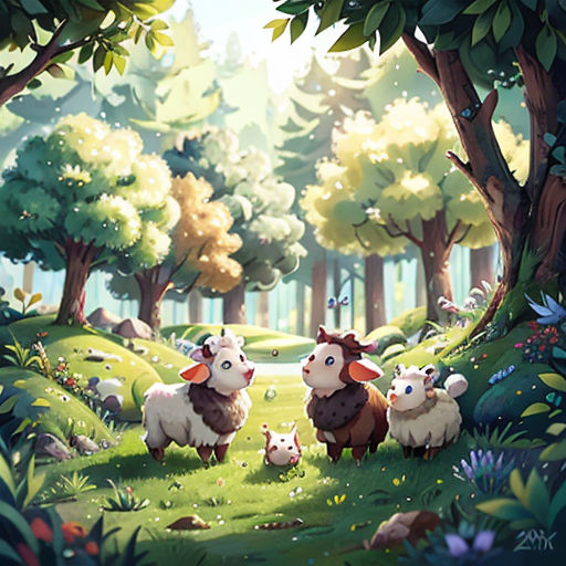 a painting of sheep and their babies in a forest with trees and flowers on the ground and a path leading to them