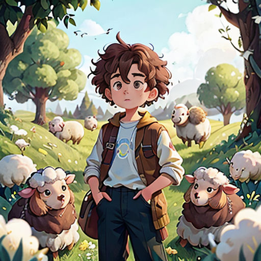 a boy standing in a field with sheep in the background and a forest in the background with trees and grass