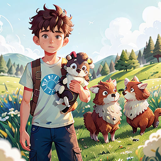 a boy holding a stuffed animal in a field of animals and trees in the background is a forest with a boy and a dog