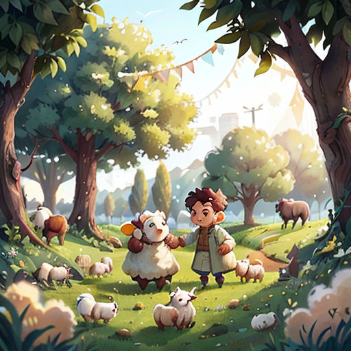 a boy is standing in the middle of a field with sheep and trees in the background, with a banner in the foreground