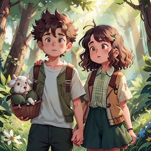 a couple of people standing in a forest holding hands and holding a teddy bear in their hands, with a forest background