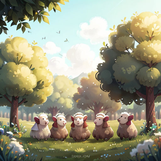a group of sheep sitting in a field next to trees and grass with a sky background and clouds in the background
