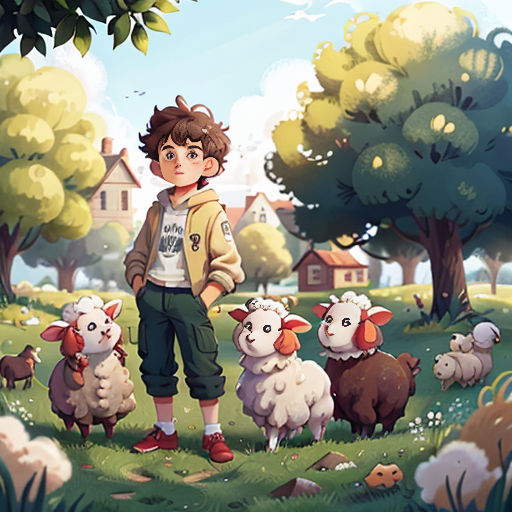 a boy standing in a field with sheep in front of him and a house in the background with trees