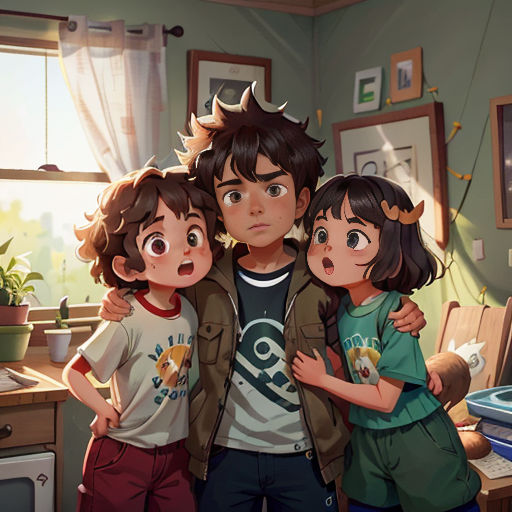 a group of children standing in a kitchen next to a window with a plant on the counter top and a sink