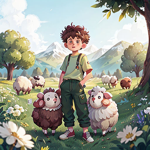 a boy standing in a field with sheep and a mountain in the background with clouds and flowers on the grass