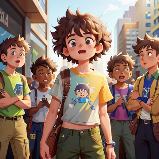 a group of young people standing in front of a building with a city in the background and a boy with a backpack