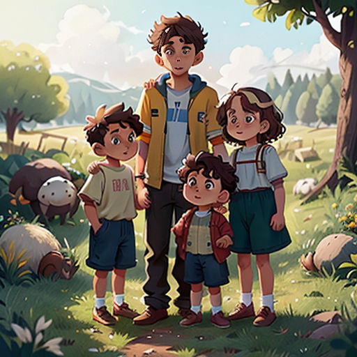 a man and two children standing in a field with sheep in the background and a man standing behind them