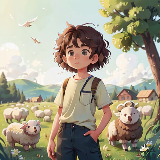 a boy standing in a field with sheep in the background and a bird flying overhead in the sky above