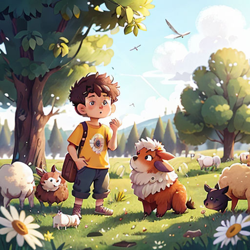 a boy standing in a field with animals and a bird flying overhead in the background is a forest with trees and flowers