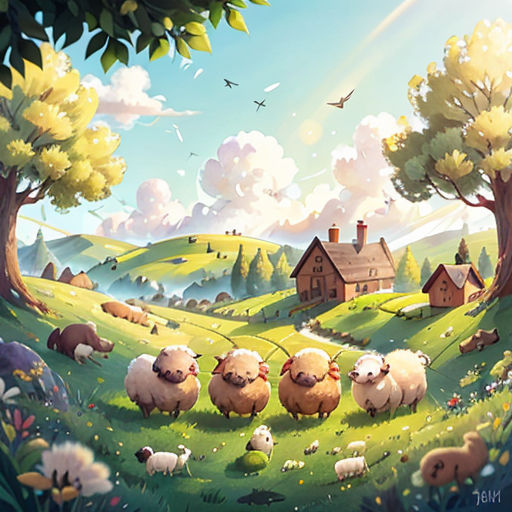 a painting of sheep grazing in a field with a house in the background and a bird flying overhead in the sky