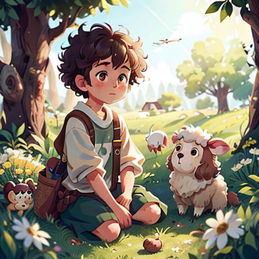 a boy sitting in the grass with two sheep and a bird in the background, with a forest and a bird flying overhead