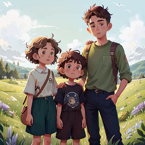 a family standing in a field with mountains in the background and a sky background with clouds in the background