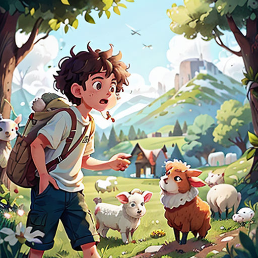a boy with a backpack is walking through a forest with sheep and a dog in the background, and a mountain in the background