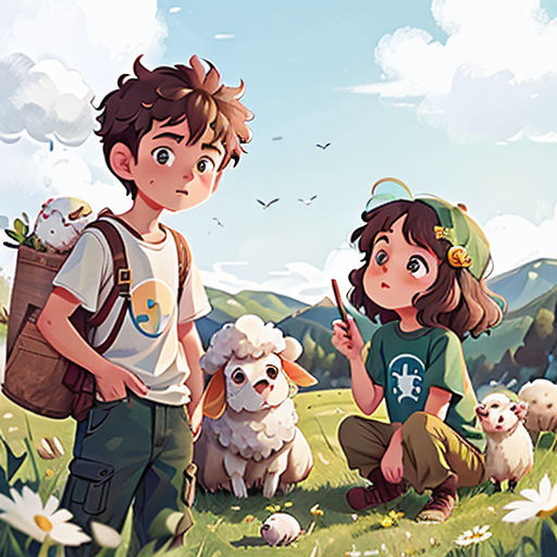 a boy and a girl are standing in a field with sheep and flowers in front of them, and a dog is sitting on the ground
