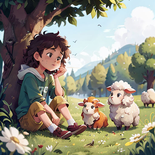 a boy sitting on the ground next to a tree with sheep in the background and a dog in the foreground