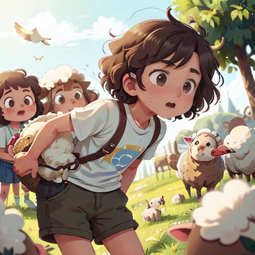 a young girl holding a sheep in a field with other sheep in the background and a bird flying overhead