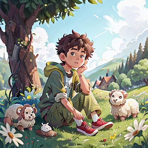 a boy sitting on the ground next to a tree and sheep in a field with daisies and a house