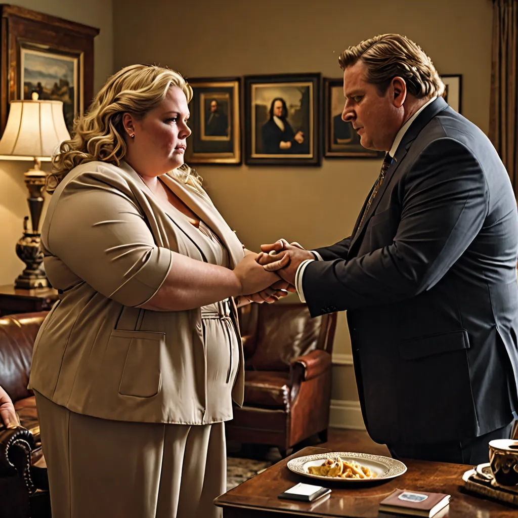 a man and woman standing in a living room holding hands and looking at each other's hands while the man is holding a plate of food, american realism, a poster, Evelyn Abelson, promotional image