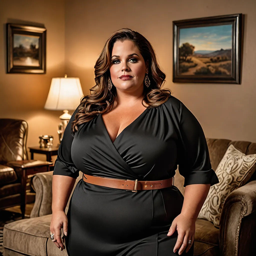 a woman in a black dress standing in a living room with a chair and a lamp on the side, precisionism, a character portrait, Araceli Gilbert, promotional image
