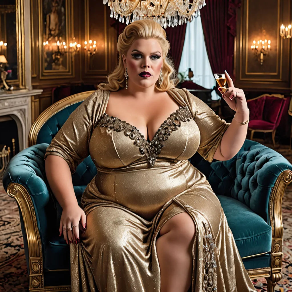 a woman in a gold dress sitting on a couch holding a cigarette in her hand and a chandelier above her head, rococo, a flemish Baroque, Constance Gordon-Cumming, promotional image