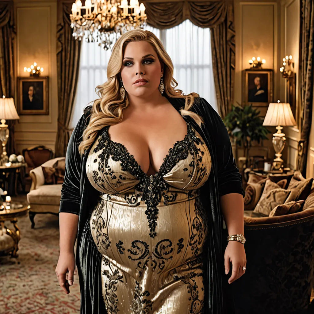 a woman in a gold dress standing in a living room with a chandelier and chandelier, maximalism, a photorealistic painting, Elisabeth Collins, promotional image