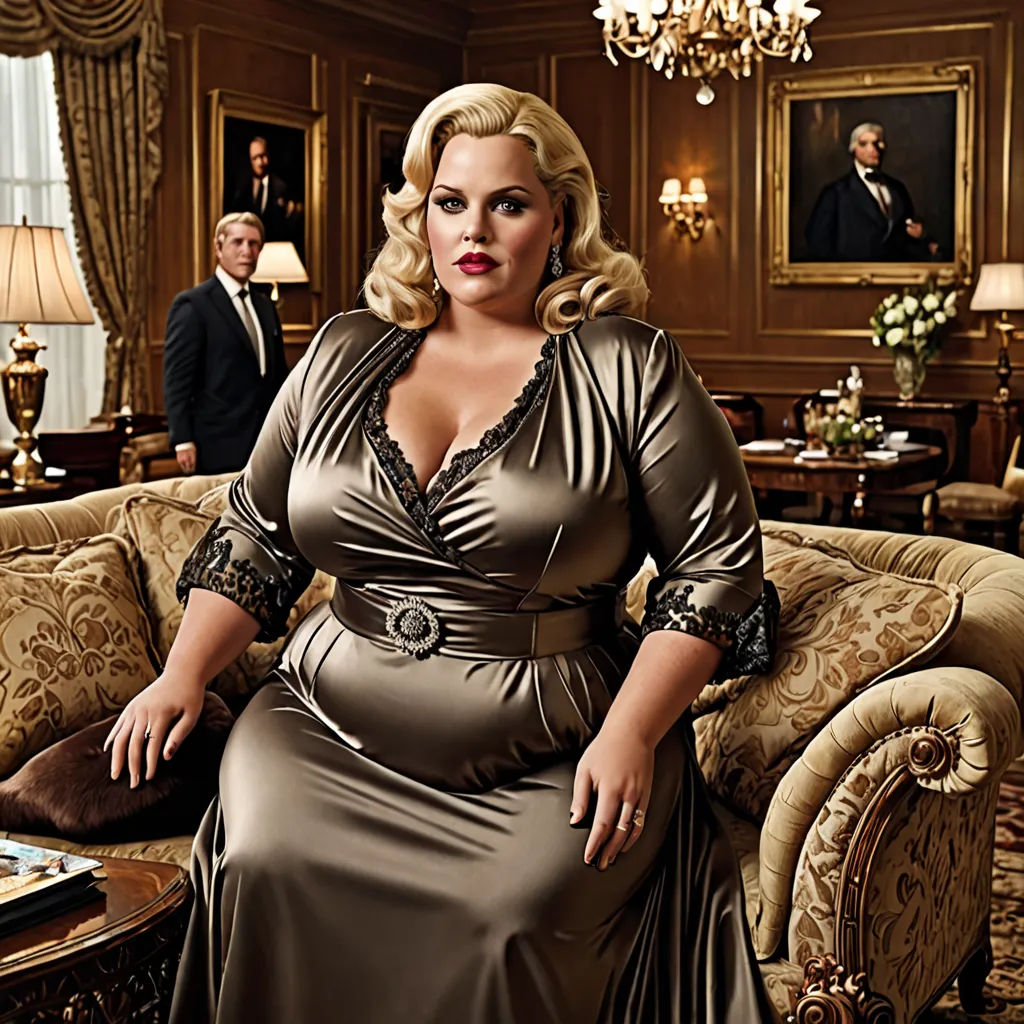 a woman in a dress sitting on a couch in a room with a man in a suit behind her, precisionism, a photorealistic painting, Dorothy Coke, promotional image