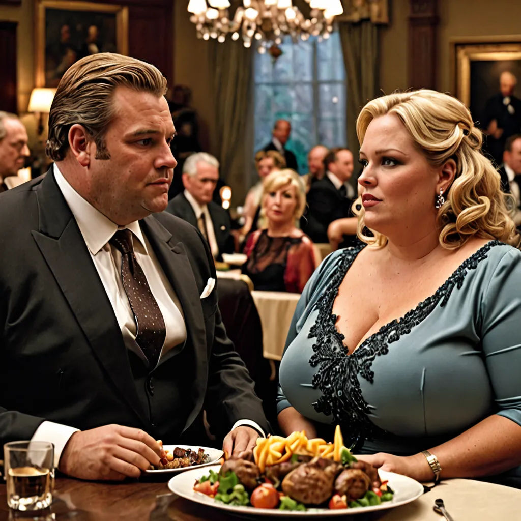 a man and woman sitting at a table with a plate of food in front of them, with a crowd of people in the background, international gothic, a poster, Elisabeth Collins, promotional image