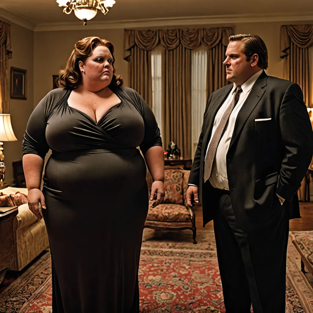 a man and a woman standing in a living room together, one of them is wearing a black dress, american realism, a poster, Alton Tobey, promotional image