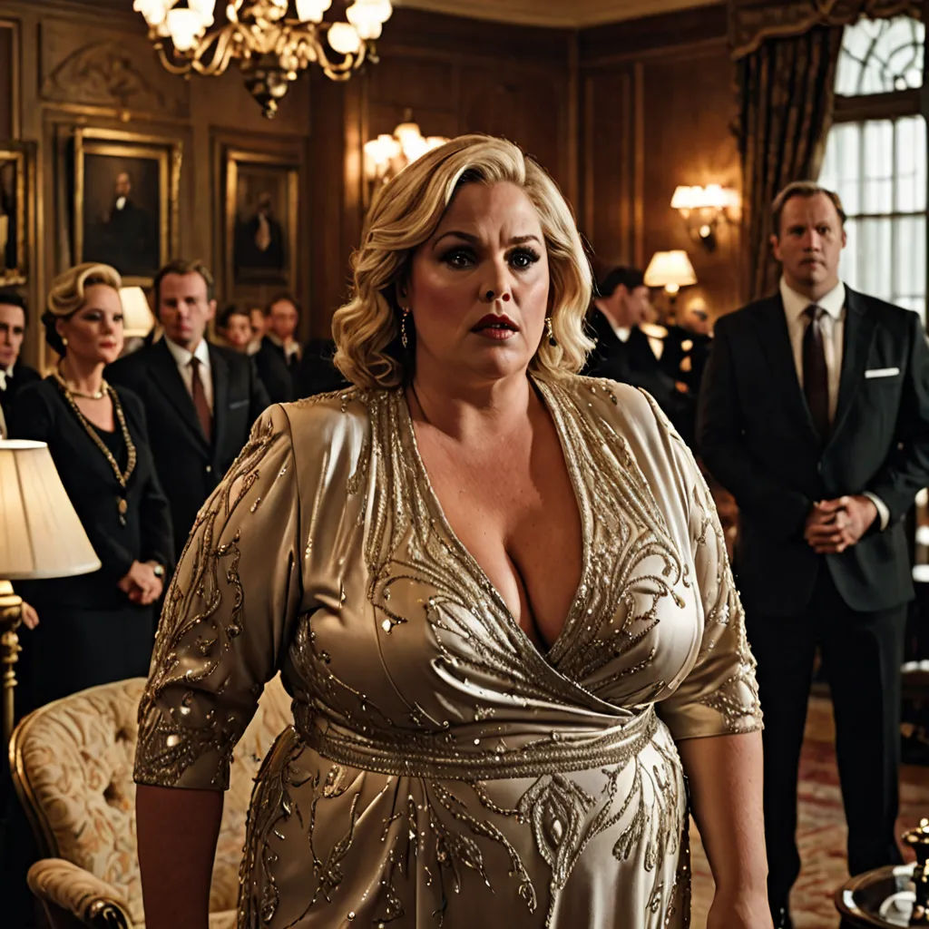 a woman in a gold dress standing in a room with other people in the background and a chandelier, american realism, a renaissance painting, Elisabeth Collins, promotional image
