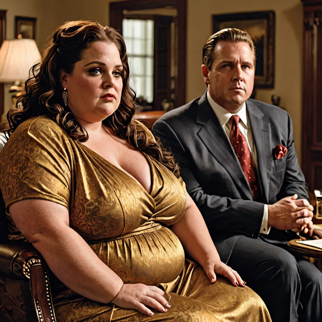 a man and a woman sitting in a chair in a living room together, one of them is wearing a gold dress, international gothic, a poster, Elisabeth Collins, promotional image