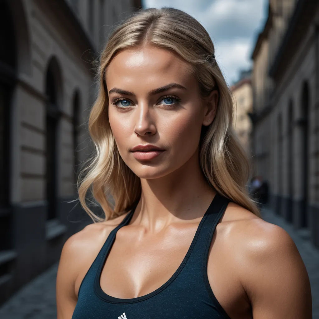a woman in a sports bra posing for a picture in a city street with buildings in the background and a blue sky, superflat, a portrait, Anna Katharina Block, portrait photography