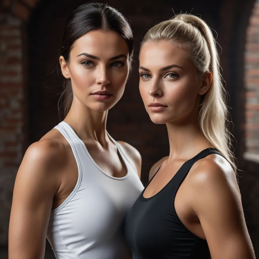 two beautiful women standing next to each other in a gym setting with brick walls and a brick wall behind them, arabesque, a photocopy, Christian Hilfgott Brand, promotional image