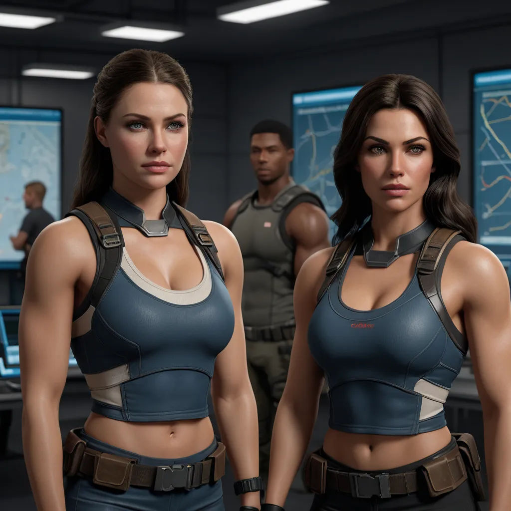 a couple of women standing next to each other in a room with a map on the wall behind them, photorealism, concept art, Eve Ryder, unreal 5