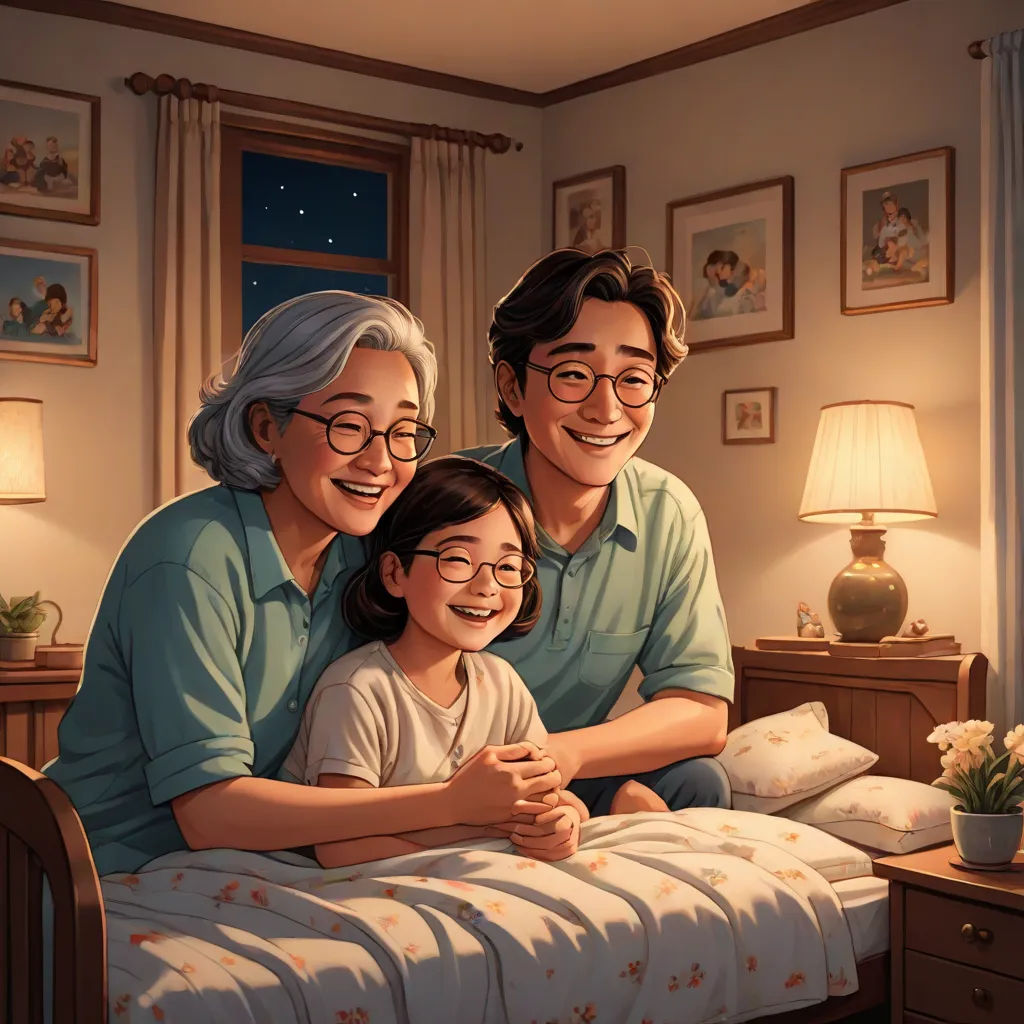 a painting of a family sitting on a bed together, smiling at the camera, with a child on the bed, fantastic realism, a storybook illustration, Byeon Sang-byeok, storybook illustration