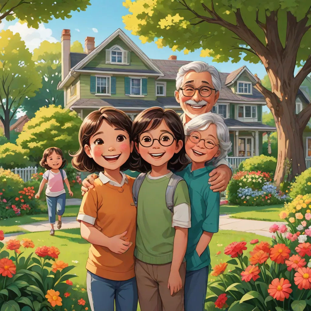 a family of three standing in front of a house with flowers and trees in the background and a man and woman standing behind them, american scene painting, a storybook illustration, Akira Toriyama, official art