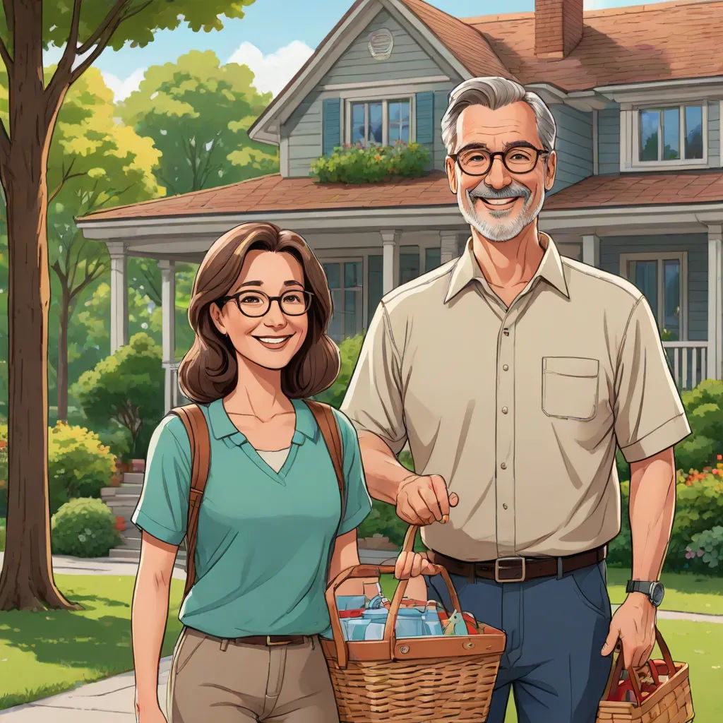 a man and woman holding a basket of water in front of a house with a large tree in the yard, american scene painting, a storybook illustration, Bob Singer, official art