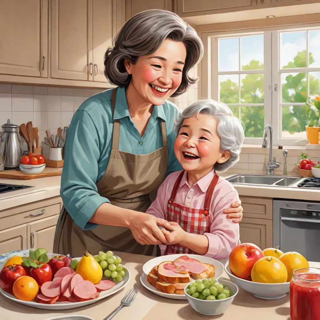 a painting of a woman and child preparing food together in a kitchen with a window in the background and a sink in the foreground, fantastic realism, a storybook illustration, Byeon Sang-byeok, storybook illustration