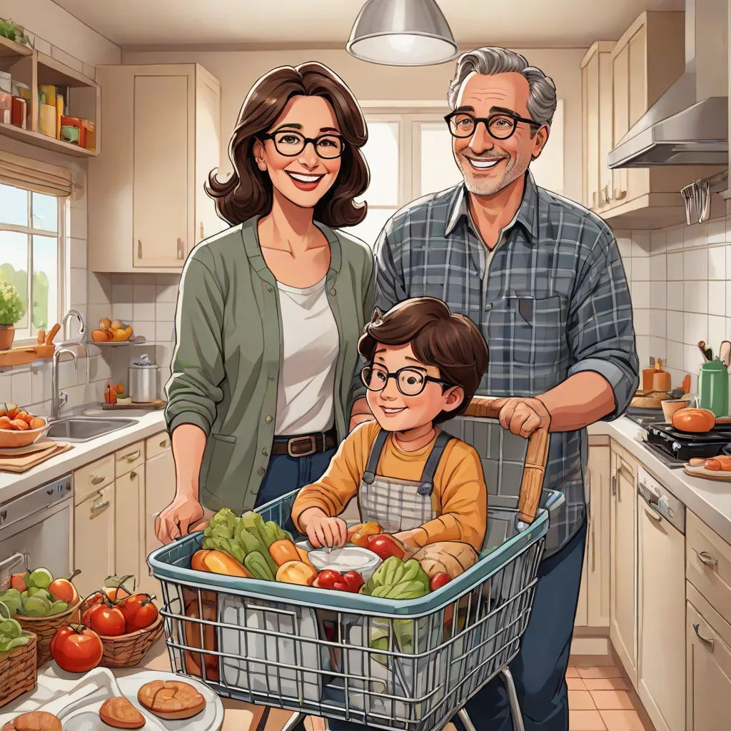 a man and woman with a child in a shopping cart in a kitchen with vegetables and fruit on the counter, american scene painting, a storybook illustration, Elias Goldberg, official art