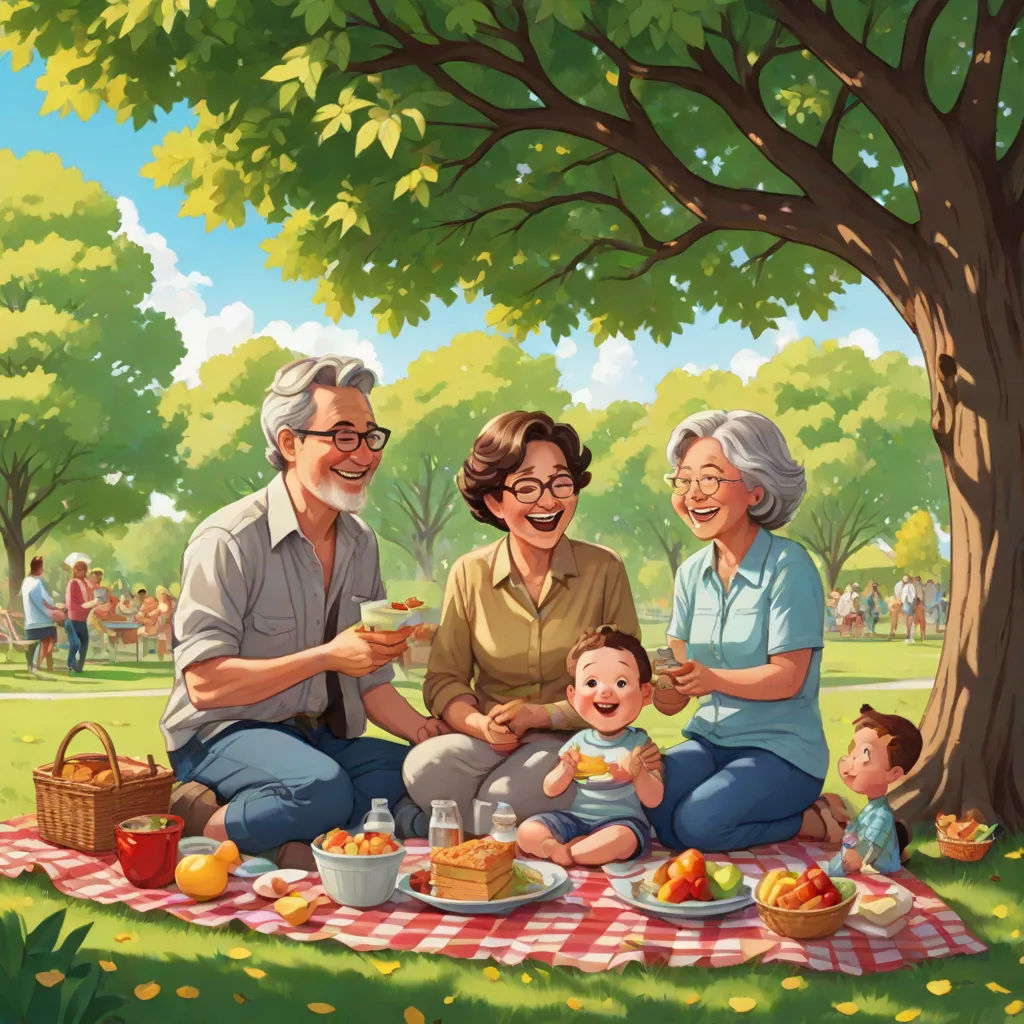 a family having a picnic in the park together, eating food and drinking water from a bottle, and smiling, american scene painting, a storybook illustration, F Scott Hess, official art