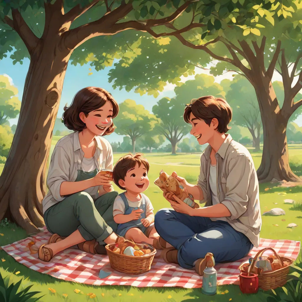 a painting of a family picnicking in the park together with a cat and a dog in the basket, american scene painting, a storybook illustration, David Park, official art