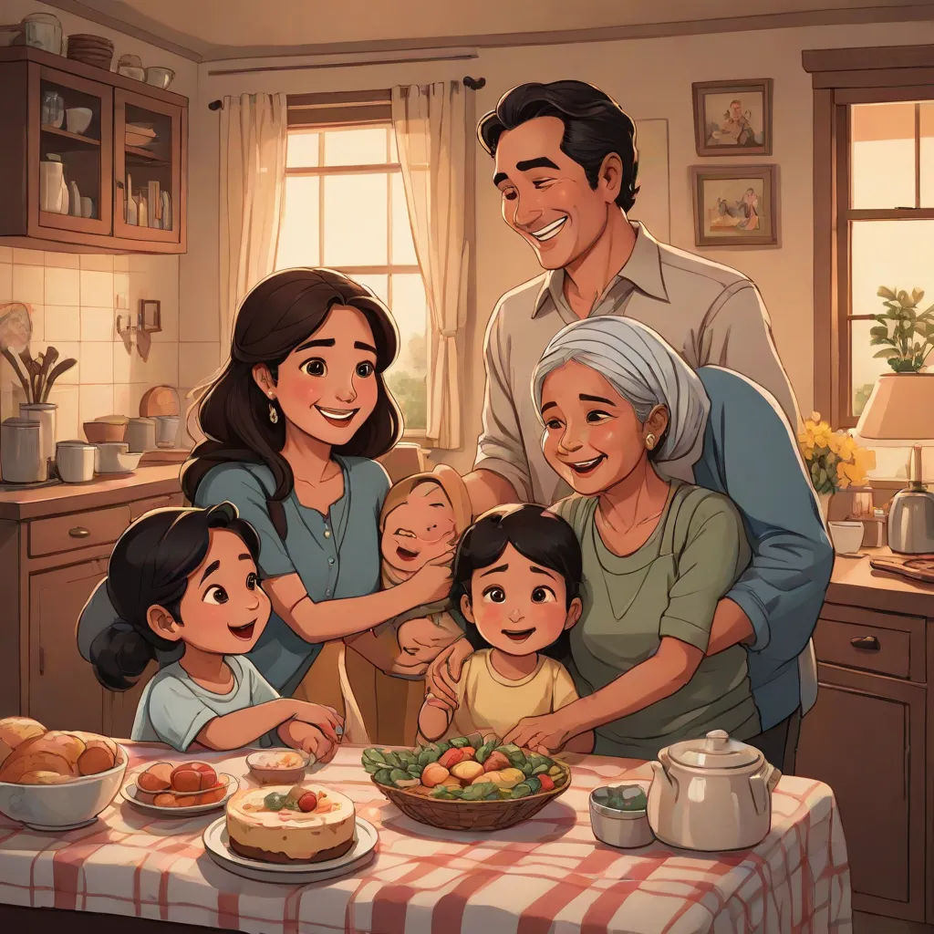 a family is gathered around a table with a cake on it and a man is smiling at the camera, art & language, a storybook illustration, Fernando Amorsolo, official art